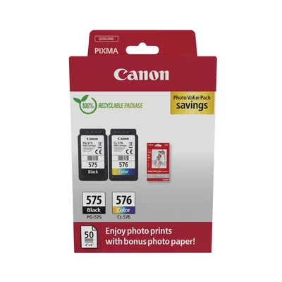 Image of Canon PG 575 / CL 576 Genuine Ink Cartridges, Pack of 2 (1 x Black, 1 Colour); Includes 50 sheets 4x6 Photo Paper Cardboard Multipack