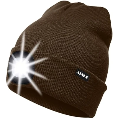 Image of ATNKE LED Lighted Beanie Cap,USB Rechargeable Running Hat Ultra Bright 4 Waterproof Light Winter Warm Gifts for Men and Women/Coffee
