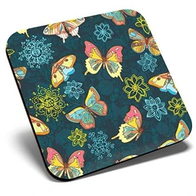 Image of Great Single Coaster Square Pretty Butterfly Flowers Antique Style Glossy Quality Coasters Tabletop Protection for Any Table Type #46194
