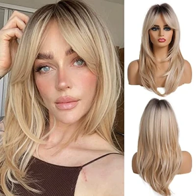 Image of OUFEI 20 Inches Long Straight Blonde Layered Synthetic Hair Wigs for Women with Dark Roots Daily Party Use