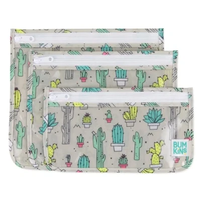 Image of Bumkins TSA Approved Toiletry Bag, Travel Quart Zip Pouch, Clear Sided, PVC Free, Vinyl Set of 3 Cactus