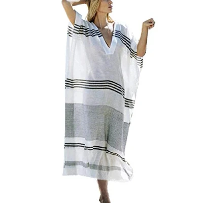 Image of YouKD Summer Cotton Loose V Neck Caftan Boho Beach Bikini Cover Up Dress Plus Size Robe for Women White Black