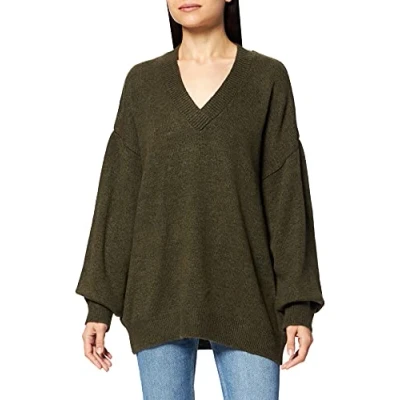 Image of NA KD Women&#039;s V Neck Knitted Sweater Pullover, Dark Green, Small
