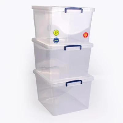 Image of 3 x Really Useful Box, 33.5 litres, nestable box with lid, 380 mm 460 285 mm, transparent