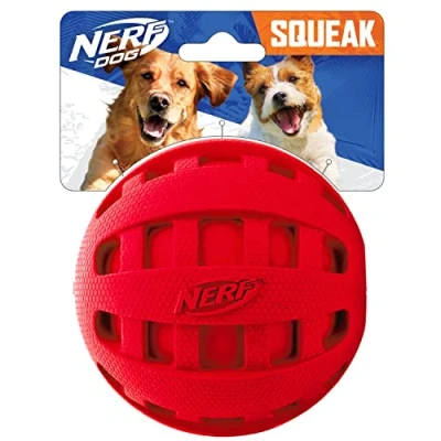 Image of Nerf Dog Rubber Ball Toy with Checkered Squeaker, Lightweight, Durable and Water Resistant, 4 Inch Diameter for Medium/Large Breeds, Single Unit, Red