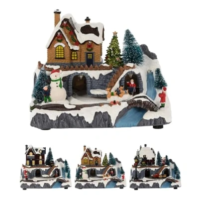 Image of Small Traditional Festive Christmas Village Scene Illuminated LED Ornament with Movement Light Up Town Decoration 20cm Design Varies One Supplied