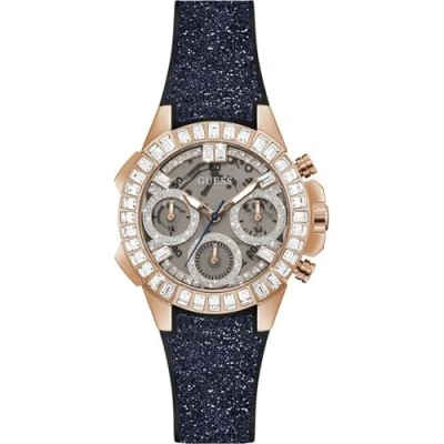 Image of GUESS Ladies Sport Multifunction Baguette Crystal 36mm Watch Rose Gold Tone Stainless Steel Case Clear Dial with Glittered Navy Leather &amp; Silicone Strap