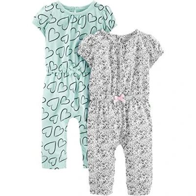 Image of Simple Joys by Carter&#039;s Baby Girls&#039; 2 Pack Fashion Jumpsuits, Mint Green Hearts/White Dots, 12 Months (Pack of 2)