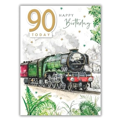 Image of Noel Tatt Male Age 90 Milestone Birthday Card 90th Steam Train with Foil and 3D Embellishments Eco Friendly &amp; Recyclable