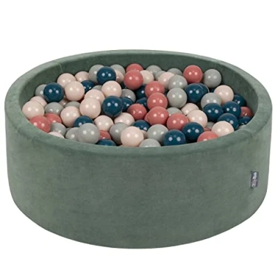Image of KiddyMoon Soft Ball Pit Round 90X30cm/200 Balls ∅ 7Cm / 2.75In For Kids, Foam Velvet Pool Baby Playballs, Made In EU, Forest Green:Dark Turquoise/Pastel Beige/Greengray/Salmon Pink