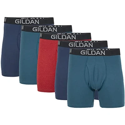 Image of Gildan Men&#039;s Cotton Stretch Boxer Brief, Multipack, Blue Cove/Hawaiian Blue/Heather Red Mark (5 Pack, Regular Leg), L (Pack of 5)