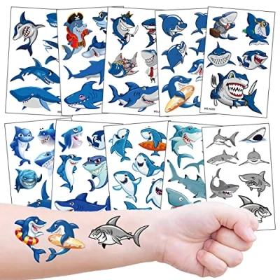 Image of Kids Tattoos Shark Temporary Tattoo 10 Sheets, 100+ Fake for Boys Girls Children Birthday Party Favors Bags Fillers