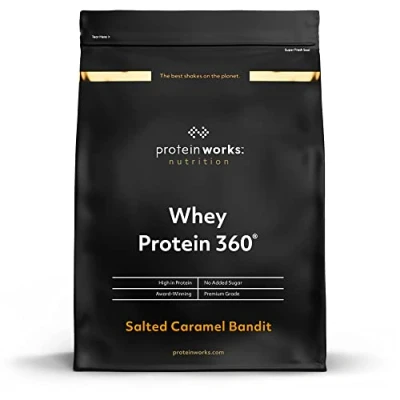 Image of Protein Works Whey 360 Premium Shake Powder Blend No Added Sugar 40 Servings Salted Caramel Bandit 1.2kg
