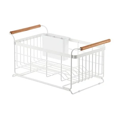 Image of YAMAZAKI Home Over The Sink Dish Drainer Rack Expandable Kitchen Drying Organizer Holder, Carbon Steel Wood, White, One Size