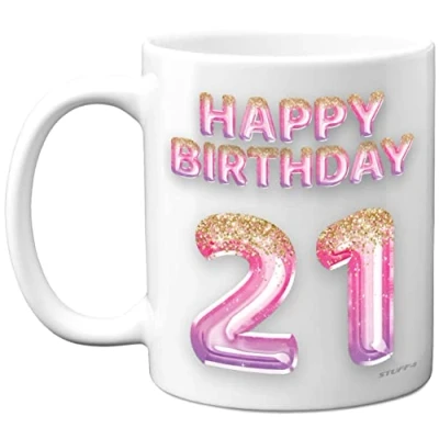 Image of 21st Birthday Gift for Women Pink Purple Glitter Balloons Happy Mug Present 21 Year Old Daughter Sister Granddaughter Cousin Friend, 11oz Ceramic Dishwasher Safe Coffee Mugs Cup