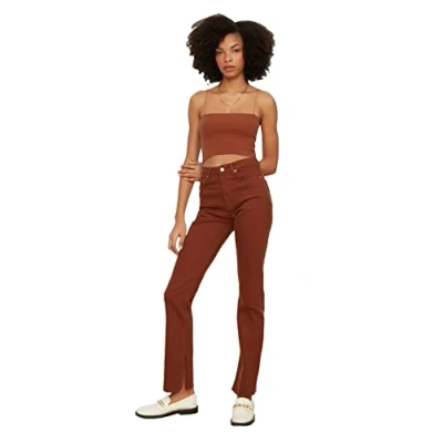 Image of Trendyol Women High Waist Straight Leg Flare Jeans Brown