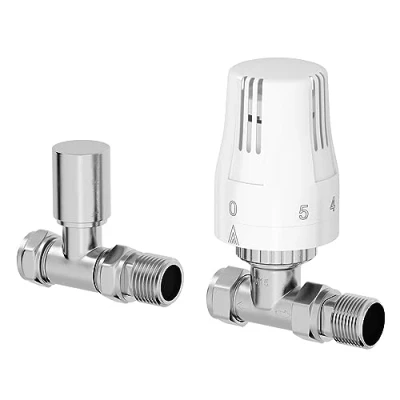 Image of DuraTherm® Thermostatic Radiator Valve Pack Set, 15mm Lockshield TRV &amp; Thermostat, White Valves for Radiators, Straight