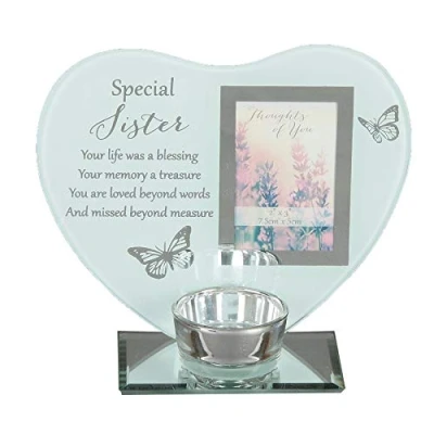 Image of Widdle Gifts Ltd Glass Photo Frame Memorial Tea Light Candle Holder Sister 9064, White