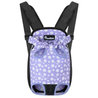 Image of Pawaboo Pet Carrier Backpack, Adjustable Front Cat Dog Backpack Travel Bag, Legs Out, Easy Fit for Traveling Hiking Camping Small Medium Dogs, Large Size, Black &amp; Purple Daisy