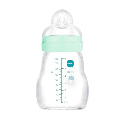 Image of MAM Feel Good A159 Glass Bottle with Teat 1 Patented SkinSoftTM Ultra Soft Silicone for Babies 0 Months + 170 ml Blue