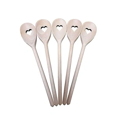 Image of 5 x Wooden Spoon Wood Spoons Turner Baking Tasting Cooking Heart Love 30 cm
