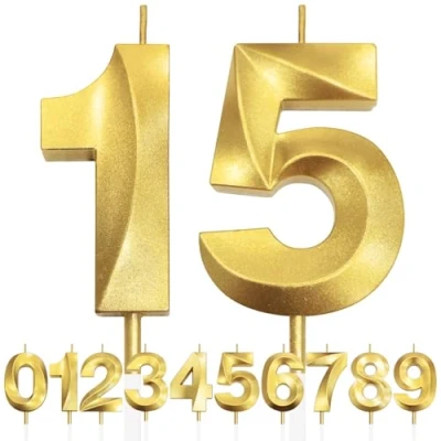 Image of 15th Birthday Candle, 3D Design Gold Glitter Number Candles, Cake Topper Decorations, Candle for Party, Wedding Anniversary, Baby Shower, Party Decoration