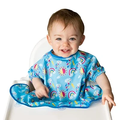 Image of Tidy Tot®™ Cover &amp; Catch™ Weaning Bib with Short Sleeves. Attaches to Highchairs Suction for Mess Proof Baby Feeding. Waterproof Sleeved Bibs. Coverall BLW Travel Bag Included.