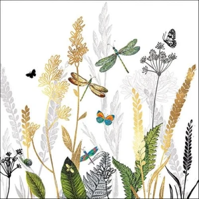 Image of 20 Napkins, Natural Meadow with Dragonflies, White, Grasses, Flowers, Meadow, Summer, Table Decoration, Decoupage, Napkin Technology, 33 x cm