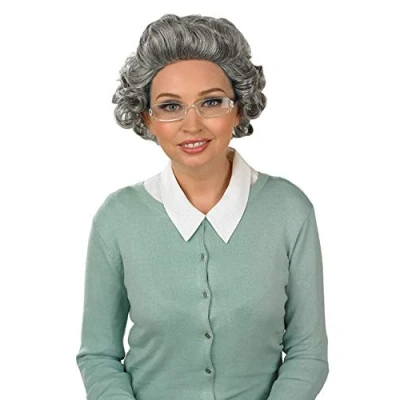 Image of Fun Shack Granny Wig Adult, and Glasses, Grey Old Lady Wig, Wigs For Women, Curly Fancy Dress One Size