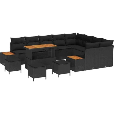 Image of vidaXL 13 Piece Garden Sofa Set with Cushions Black Poly Rattan Acacia