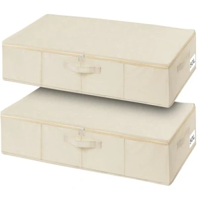 Image of Huquter Under Bed Storage Box with Lid, 2 Pack Underbed Side &amp; Bottom Support 3 Handles, Large Foldable Fabric Wedding Dress for Duvets Comforters Beddings, 76x38x17cm