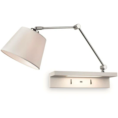 Image of Rex 1 Light Indoor Wall Light, Shelf &amp; USB Port Chrome, Cream Shade and White Shelf, E27