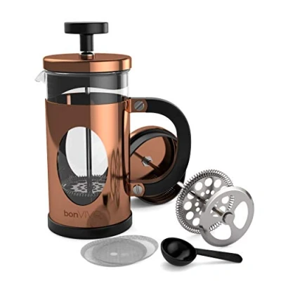 Image of bonVIVO Cafetiere GAZETARO I 350ml, 3 Cup, Stainless Steel French Press Coffee Maker w/Bonus Scoop and Replacement Filter Mesh Heat Resistant Gifts for Women Men Copper