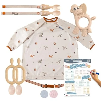 Image of BIBaDO Starter Baby Feeding Set Includes Bibs, Weaning Spoons, Cutlery, Teether &amp; Poster, BPA Free, Perfect for and First Foods Fawn