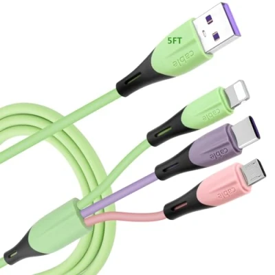 Image of Multi Charging Cable 2Pack 5FT, 3 in 1 3A Multiple USB Fast Charger Adapter Lightning/Type C/Micro Port, Compatible with iPhone/Samsung Galaxy/Pixel/LG/Tablets and More (Light Green)