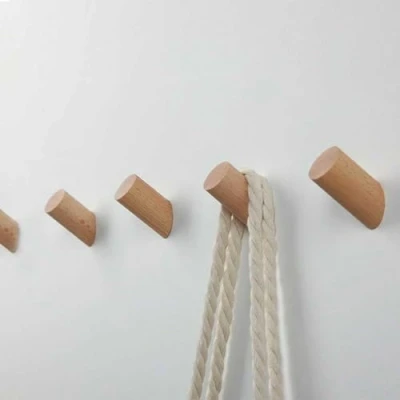 Image of CASKIE Wooden Hooks Pack of 5 Wall Mounted Single Rack Coat Clothes Hat Hanger Towel Home Natural Handmade Craft Long Wood Hook (Φ3x6CM)