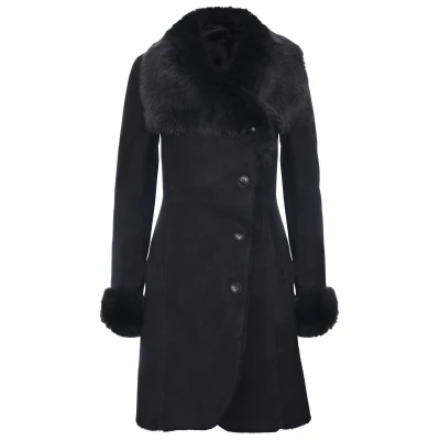 Image of Infinity Leather Womens Suede Merino Shearling Coat with Toscana Collar Hanoi Black Size 20 UK