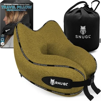 Image of SNUGL Travel Pillow Memory Foam Neck Cushion Flight Support for Airplane with Carry Bag &amp; Clip Flying Essentials (Dark Yellow)