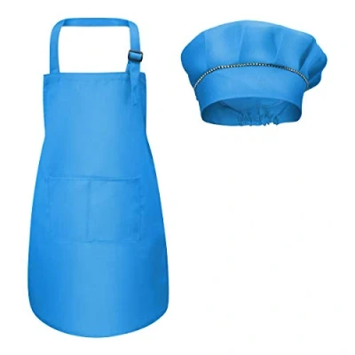 Image of Fodlon Kids Apron and Chef Hat Set, Adjustable Children Kitchen with Pockets for Cooking Baking Painting 4 12 Years Old (Blue, Large)