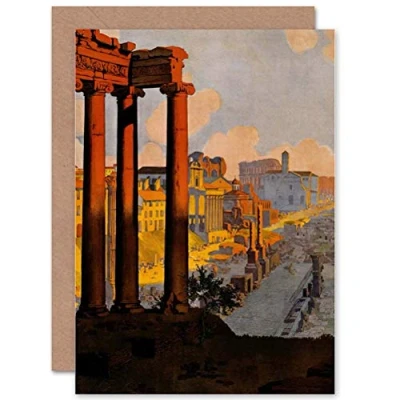 Image of Wee Blue Coo Personalised Vintage Travel Advert Painting Rome Italy Roman Temple Ruins Greeting Card Arty Art All Occasion Birthday