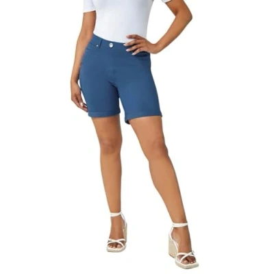 Image of Roman Originals Stretch Shorts for Women UK Ladies Pull On Turned Hem Cut Off Bengaline Mom Boyfriend Boy Denim Casual Cropped Pants Capri Slim Fit Turn Up Summer Crops Mother Petrol Blue Size 20