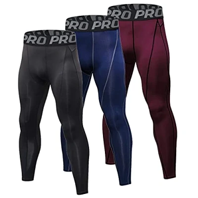 Image of Minghe Men&#039;s 3 Pack Compression Cool Dry Base Layer Sports Running Cycling Workout Athletic Training Gym Pants, Black+wine Red+navy Blue, XL