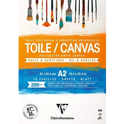Image of Clairefontaine Ref 975209C Ready to Paint Canvas Pad (10 Sheets) A2 Sized, 200gsm Paper, Acid Free, pH Neutral White Suitable for Oil &amp; Acrylic