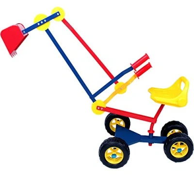 Image of Spielwerk Sit On Toy Digger with Dump Bucket 360 Degree Rotatable Profiled Wheels Metal Excavator Seat Robust Sand Perfect for Sandpit or Beach Dig and Tilt Function Yellow Blue Red