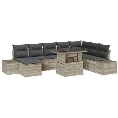 Image of vidaXL 9 Piece Garden Sofa Set with Cushions Light Grey Poly Rattan