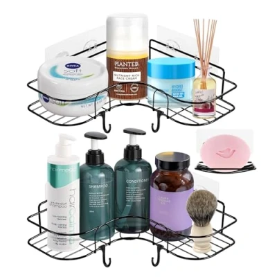 Image of ASAB Pack of 2 Bathroom Shower Caddy with Soap Dish Holder Rust Resistant Storage Rack Drilling and Self Adhesive Hanging Hook Space Saving Toiletries Shampoo Corner