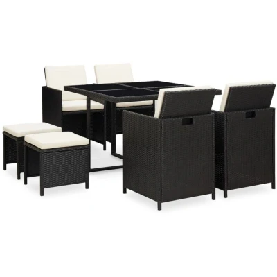Image of vidaXL 9 Piece Outdoor Dining Set with Cushions Poly Rattan Black
