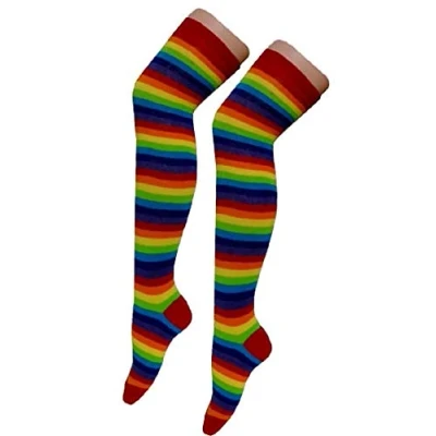Image of New Womens Over The Knee Long Horizontal Stripe Print Ladies Thigh High Striped Patterned Overknee Socks (Rainbow)