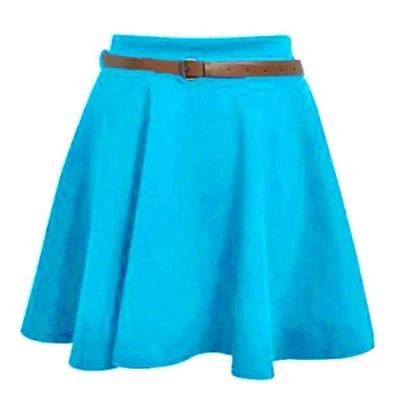 Image of TrendyFashion Skater Belted Skirt Stretch Waist Plain Flippy Flared Jersey Short Womens Size 8 22 Turquoise