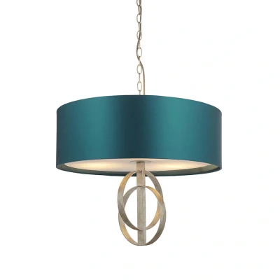 Image of Trento 3 Light Ceiling Pendant Antique Silver Leaf &amp; Teal Satin Fabric